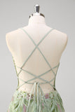 Vert A ligne spaghetti bretelles appliqué corset longue robe de bal avec tulle