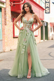 Vert à paillettes Une ligne Tulle Applique Corset Robe de Bal Longue Avec Fente