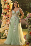 Robe de bal longue corset longue en tulle appliquée Green A Line avec fente
