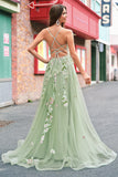 Vert une ligne Tulle Sequin Applique Corset Robe de Bal Longue avec Fente