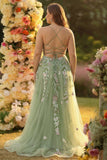 Robe de bal longue corset longue en tulle appliquée Green A Line avec fente