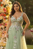 Robe de bal longue corset longue en tulle appliquée Green A Line avec fente