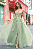 Vert une ligne Tulle Sequin Applique Corset Robe de Bal Longue avec Fente