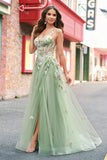 Vert une ligne Tulle Sequin Applique Corset Robe de Bal Longue avec Fente