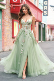 Vert une ligne Tulle Sequin Applique Corset Robe de Bal Longue avec Fente