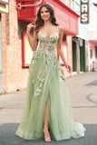 Vert une ligne Tulle Sequin Applique Corset Robe de Bal Longue avec Fente