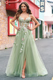 Vert une ligne Tulle Sequin Applique Corset Robe de Bal Longue avec Fente