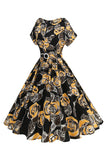 Robe midi à col bateau a-ligne imprimée de roses noires des années 1950