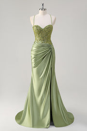 Robe de bal longue avec fente corset sirène vert armée scintillant