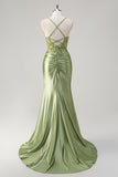 Robe de bal longue avec fente corset sirène vert armée scintillant