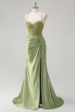 Robe de bal longue avec fente corset sirène vert armée scintillant