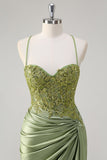 Robe de bal longue avec fente corset sirène vert armée scintillant