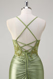 Robe de bal longue avec fente corset sirène vert armée scintillant