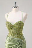 Robe de bal longue avec fente corset sirène vert armée scintillant