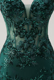 Sirène scintillante Bleu royal spaghetti bretelles Corset Sequin Robe longue de bal avec broderie