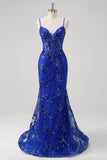 Sirène scintillante Bleu royal spaghetti bretelles Corset Sequin Robe longue de bal avec broderie