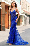 Sirène scintillante Bleu royal spaghetti bretelles Corset Sequin Robe longue de bal avec broderie