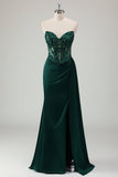 Robe de bal longue avec fente scintillante vert foncé sirène chérie corset longue avec fente