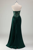 Robe de bal longue avec fente scintillante vert foncé sirène chérie corset longue avec fente