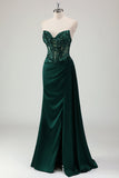 Robe de bal longue avec fente scintillante vert foncé sirène chérie corset longue avec fente