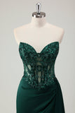 Robe de bal longue avec fente scintillante vert foncé sirène chérie corset longue avec fente