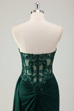 Robe de bal longue avec fente scintillante vert foncé sirène chérie corset longue avec fente