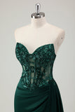 Robe de bal longue avec fente scintillante vert foncé sirène chérie corset longue avec fente