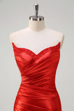 Sirène rouge Sirène bustier sans bretelles plissée paillettes longue robe de bal avec fente