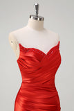 Sirène rouge Sirène bustier sans bretelles plissée paillettes longue robe de bal avec fente