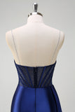 Robe de bal perlée corset à corset en V avec fente sirène bleu marine