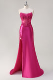 Sparkly Fuchsia Sirène Sans Bretelles Corset Appliques Robe Longue de Bal Avec Fente