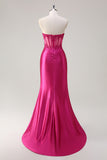 Sparkly Fuchsia Sirène Sans Bretelles Corset Appliques Robe Longue de Bal Avec Fente