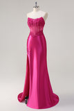 Sparkly Fuchsia Sirène Sans Bretelles Corset Appliques Robe Longue de Bal Avec Fente