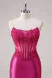 Sparkly Fuchsia Sirène Sans Bretelles Corset Appliques Robe Longue de Bal Avec Fente