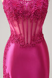 Sparkly Fuchsia Sirène Sans Bretelles Corset Appliques Robe Longue de Bal Avec Fente