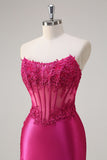 Sparkly Fuchsia Sirène Sans Bretelles Corset Appliques Robe Longue de Bal Avec Fente