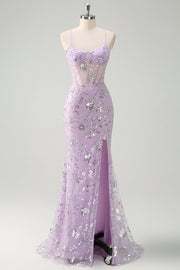 Robe de bal lilas à bretelles spaghetti sirène corset à paillettes