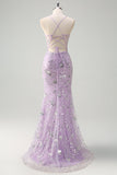 Robe de bal lilas à bretelles spaghetti sirène corset à paillettes