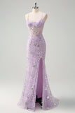 Robe de bal lilas à bretelles spaghetti sirène corset à paillettes