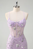 Robe de bal lilas à bretelles spaghetti sirène corset à paillettes