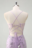 Robe de bal lilas à bretelles spaghetti sirène corset à paillettes