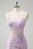 Robe de bal lilas à bretelles spaghetti sirène corset à paillettes