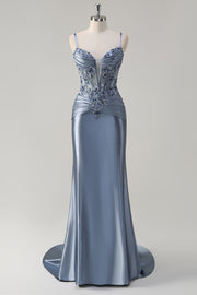 Robe de soirée longue grise scintillante à bretelles spaghetti et corset avec appliques