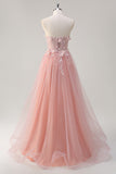 Robe de bal longue en tulle corset à fleurs trapèze rose scintillant avec fente