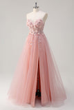 Robe de bal longue en tulle corset à fleurs trapèze rose scintillant avec fente