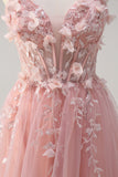 Robe de bal longue en tulle corset à fleurs trapèze rose scintillant avec fente