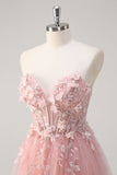 Robe de bal longue en tulle corset à fleurs trapèze rose scintillant avec fente