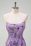 Robe de bal à paillettes scintillante violette sirène à bretelles spaghetti avec fente