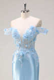 Bleu Ciel Sirène Épaule Dénudée Corset Floral Longue Robe de Bal Avec Fleurs 3D