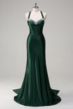 Robe de soirée scintillante vert foncé sirène dos nu corset à paillettes